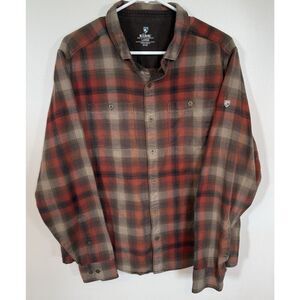 Kuhl Men's Size L Law Flannel Long Sleeve Shirt Brown Orange Cotton Tencel EUC *